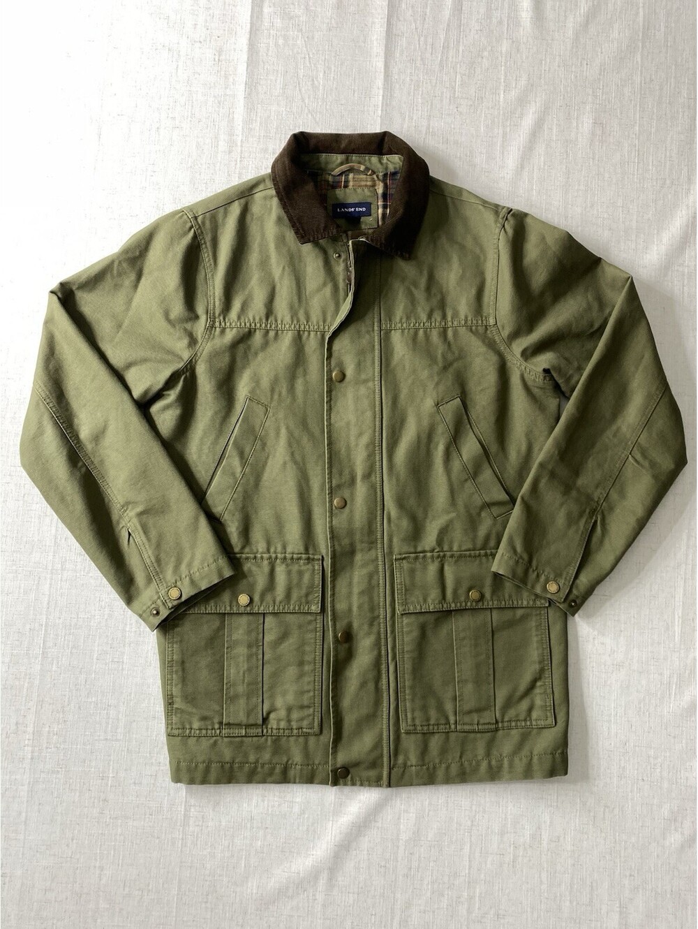 Lands End Mens Field Barn M/T Medium Tall Green Corduroy Collar Plaid Lined Coat